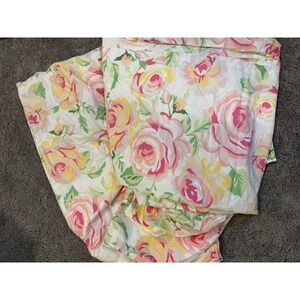 Pottery Barn Kids Full Sheet Set Floral Big Rose Pink Yellow Green Fitted & Flat